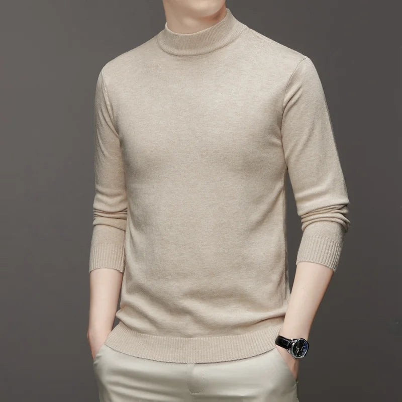 New Sweatwear Men's Half Neck Basic Solid Color Sweaters Round Neck Elastic Pullovers Warm Autumn Knitted Oversized Sweater Men