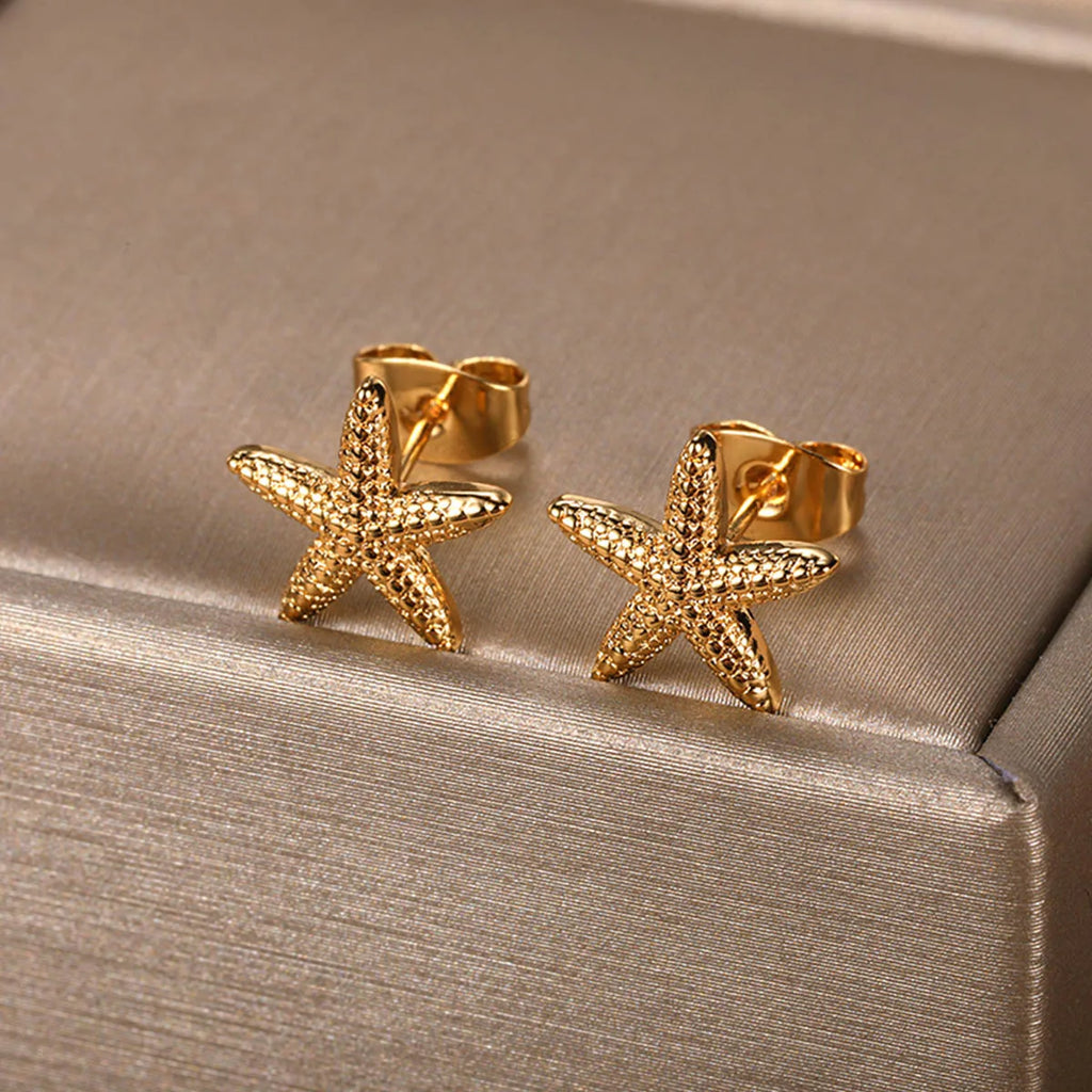 Marine Life Starfish Earrings for Women Girls Gold Color Stainless Steel Starfish Stud Earrings Summer Jewelry Seaside Gifts