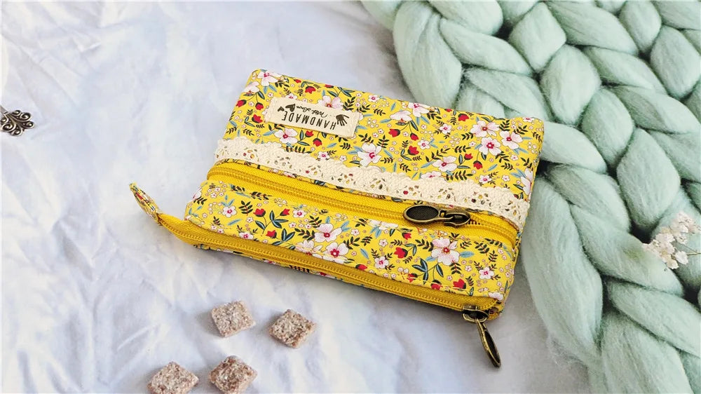 New Fashion Flower Multi-layer Cotton Fabric Coin Purse Women Card Wallet Small Change Bag Retro Canvas Female Hand Purses Pouch