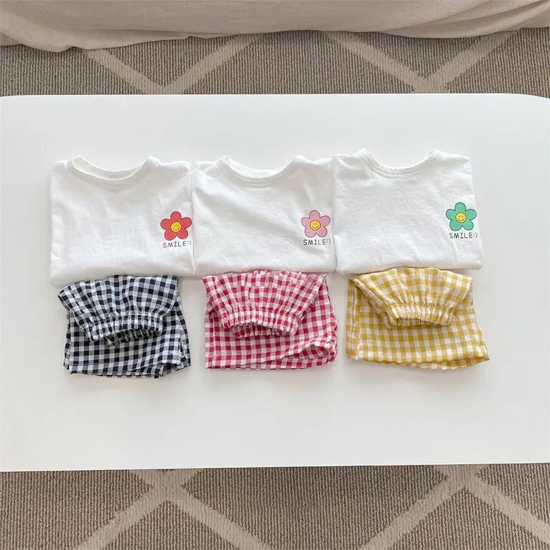 Cute Floral Pattern Baby Girl's Short Sleeve Suit Summer Clothing Children's T-shirts Plaid Shorts Kids 2 Piece Set Girl Clothes
