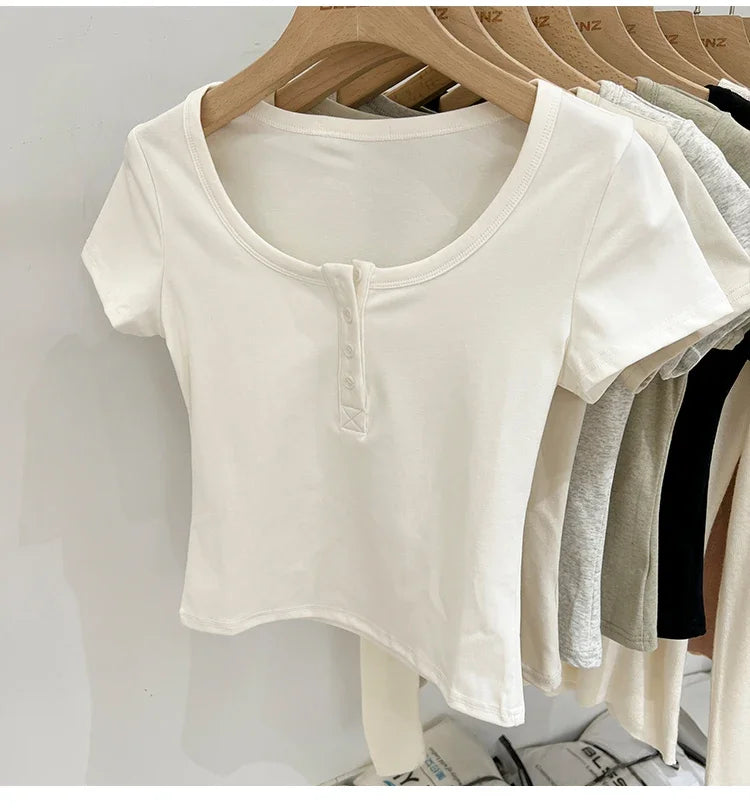 Women T Shirt Button T-Shirt Woman Clothes Tops Cotton Slim Tshirt Female Short Sleeve Top Summer Tee Sexy Canale Y2k