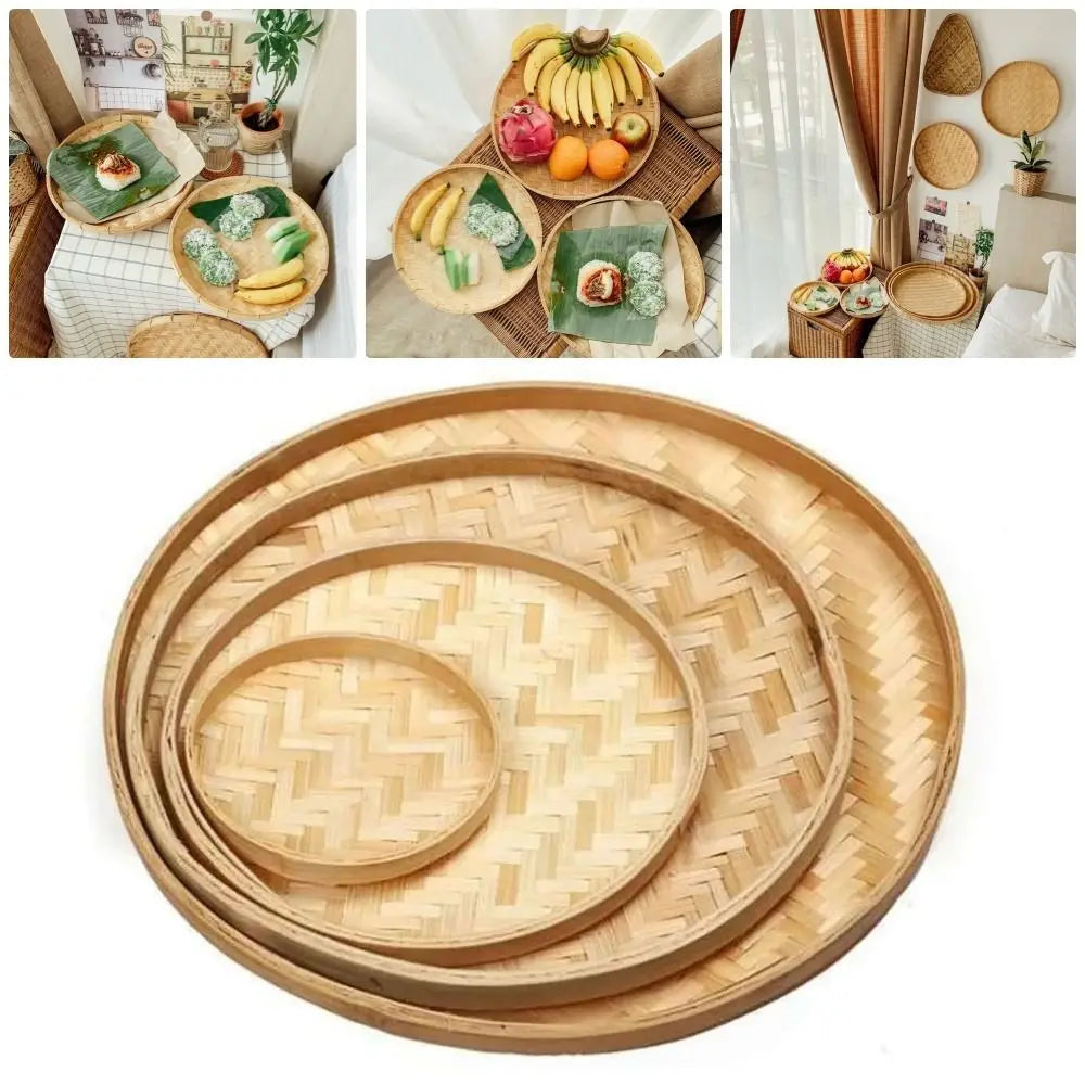 4 Size Hand-woven Bamboo Sieve Hand-painted Bamboo Raft Round Dustpan DIY Decorative Fruit Bread Basket Kitchen Storage Tray
