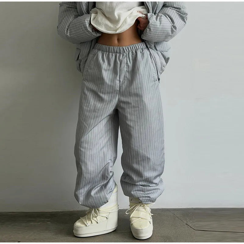 Chic Striped Hooded Puffer Coat Set Women Quilted Full Sleeve Zip Jacket Wide Leg Pants 2026 New Lady Autumn Winter Warm Outfit