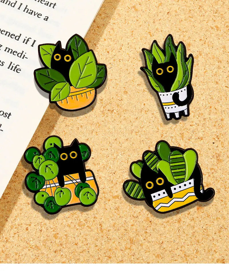 Cats in Plants Enamel Pins Metal Black Cat Potted Plant Badges Lapel Brooches Fun Animal Plant Jewelry Gift On Backpack For Kids