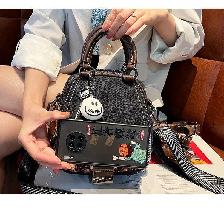 Denim Small Backpack  New Contrast Color Women Bag Retro Ethnic Style Embroidered Multifunctional Bagpack Crossbody Bolsa