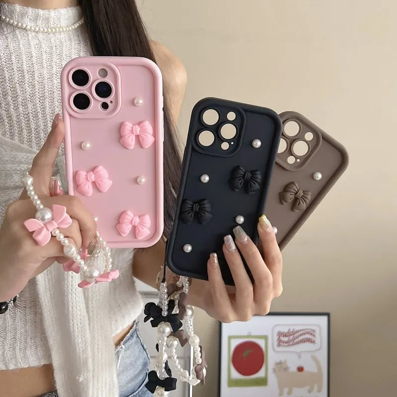 Bow Tie Pearl Chain Rope Phone Case For Huawei Mate 70 60 50 40 30 20 70 Pro Pura 70 Ultra P70 P60 P50 P40 Lite Pro Soft Cover