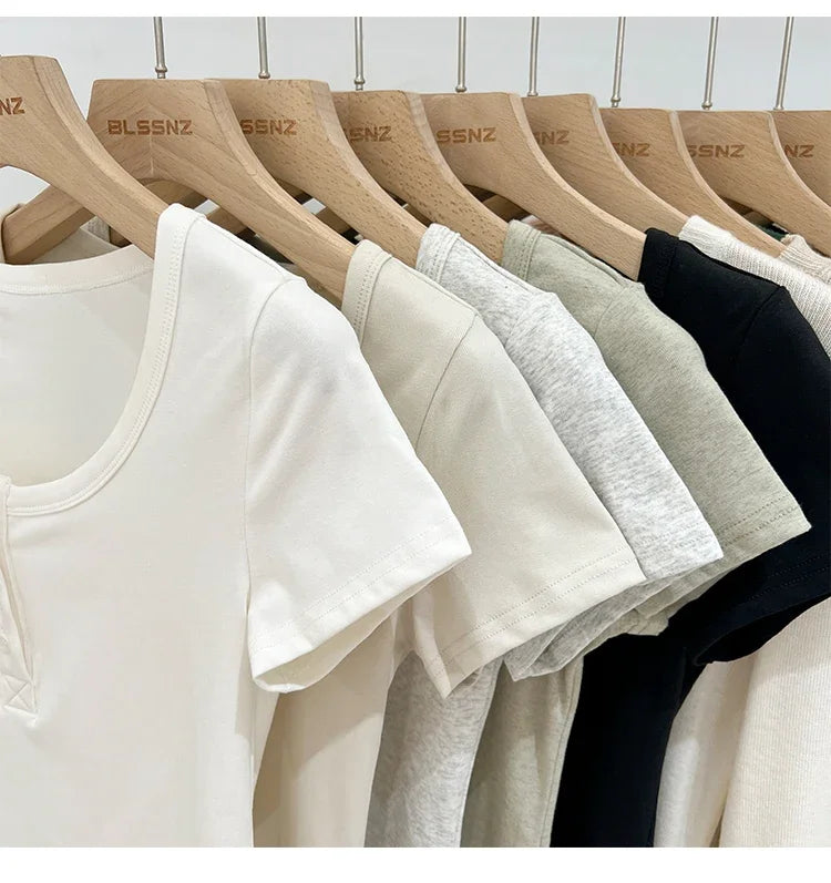 Women T Shirt Button T-Shirt Woman Clothes Tops Cotton Slim Tshirt Female Short Sleeve Top Summer Tee Sexy Canale Y2k