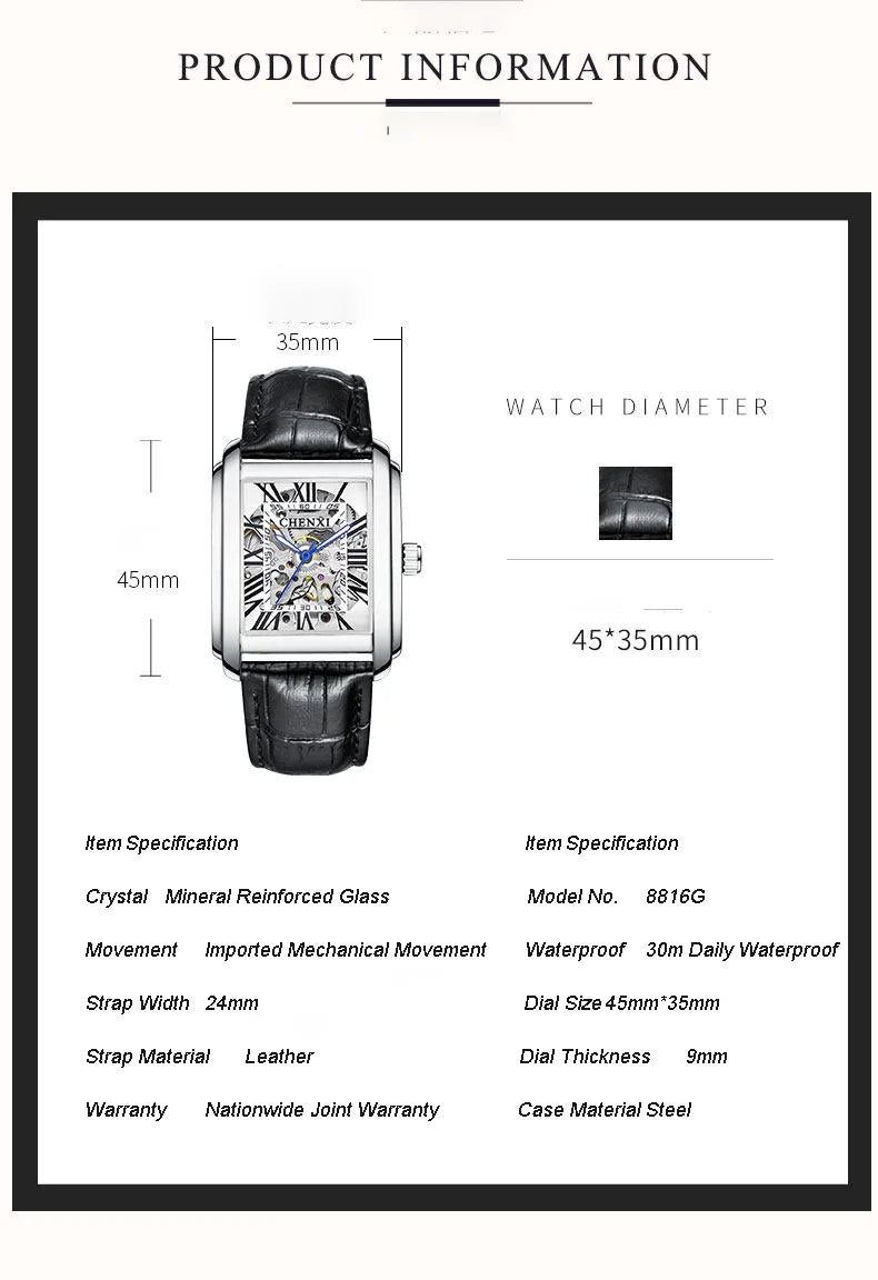 Square Skeleton Mechanical Watches for Man Luxury Business Casual Man Automatic Watch Leather Strap Gift Hand Clock for Men