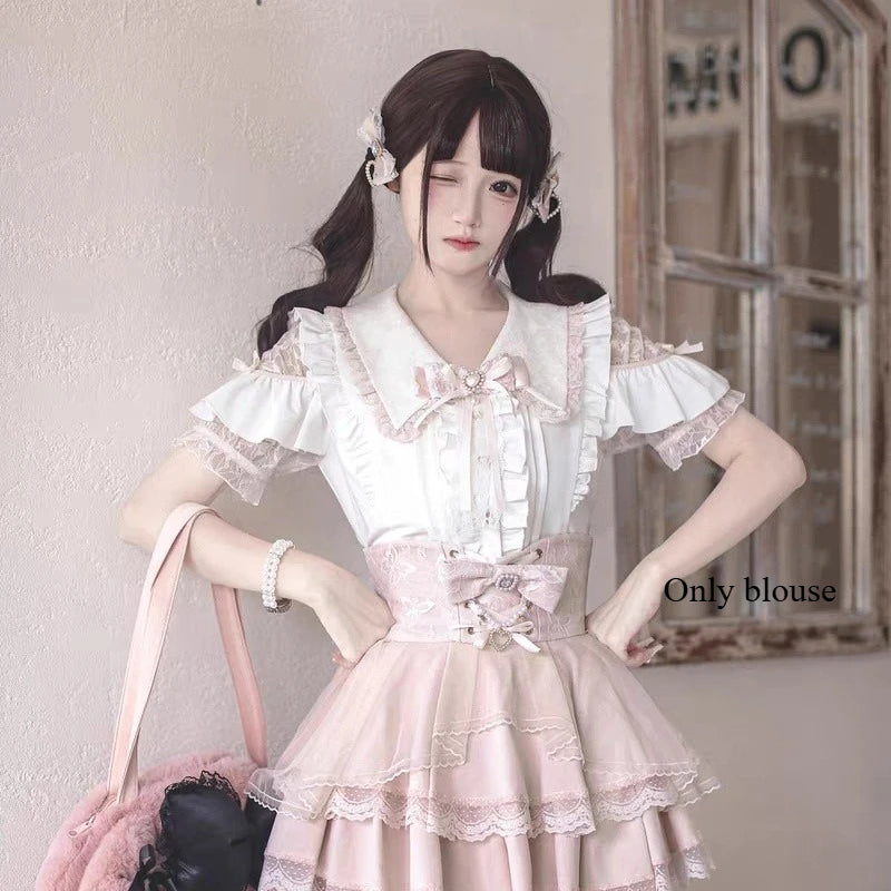 Japanese Sweet Lolita Blouse Long Sleeve Women Casual Skirts Lace Ruffle Blouse Y2K Harajuku Y2K Kawaii Subculture Outfit 2026