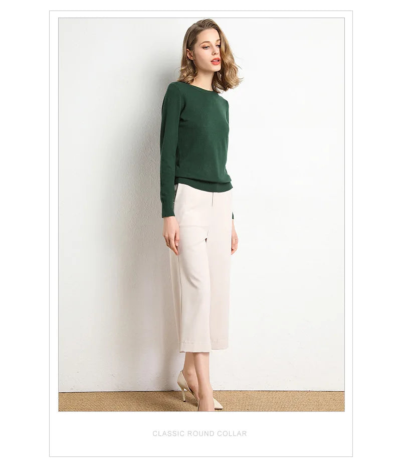 Women Slim O-Neck Solid Pullover Cashmere Wool Blending Sweater Autumn And Winter Long-Sleeved Knit Bottoming Shirt Large Size