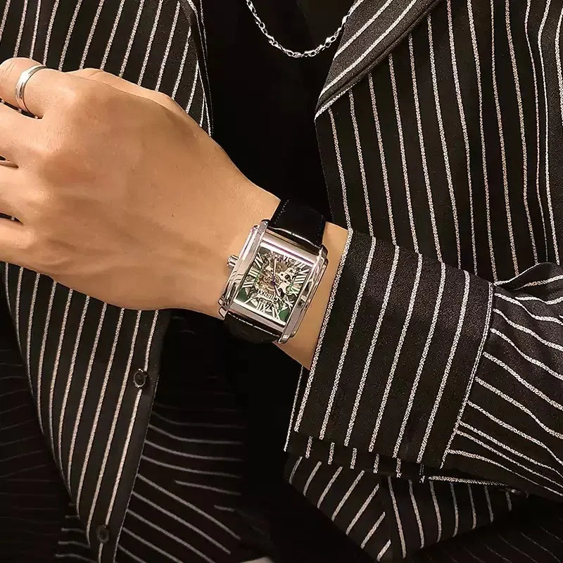 Square Skeleton Mechanical Watches for Man Luxury Business Casual Man Automatic Watch Leather Strap Gift Hand Clock for Men