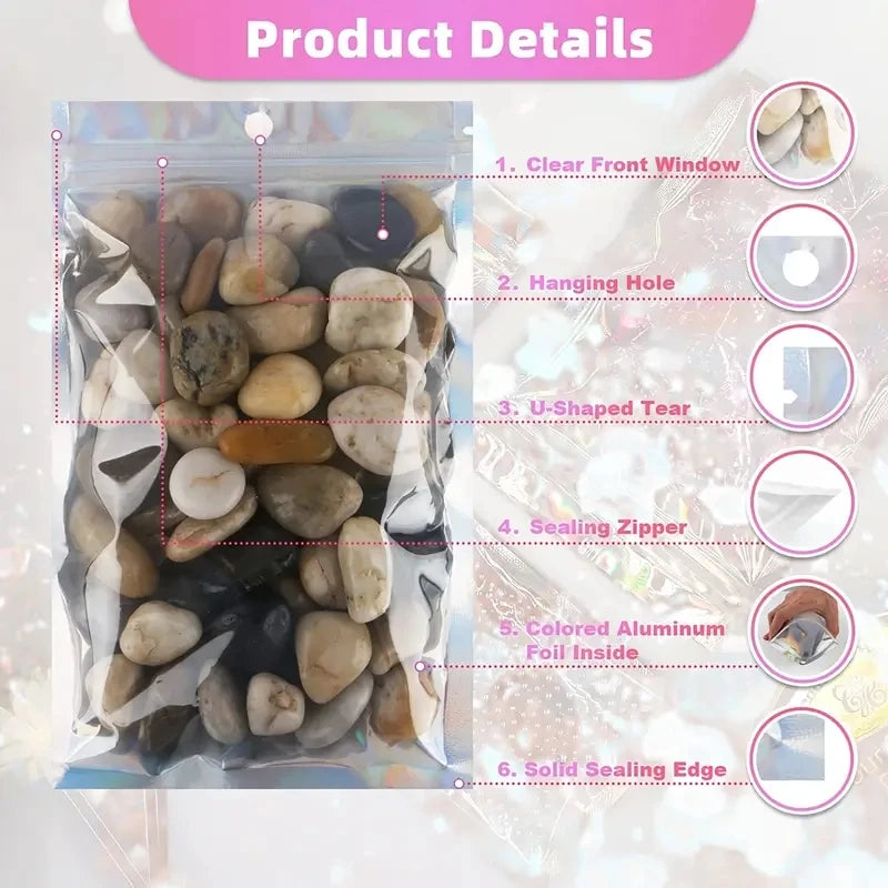 100pcs Holographic Resealable Mylar Bags Ziplock Candy Suger Tee Jewelry Beauty Storage Bag