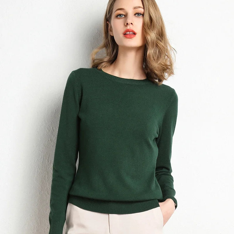 Women Slim O-Neck Solid Pullover Cashmere Wool Blending Sweater Autumn And Winter Long-Sleeved Knit Bottoming Shirt Large Size