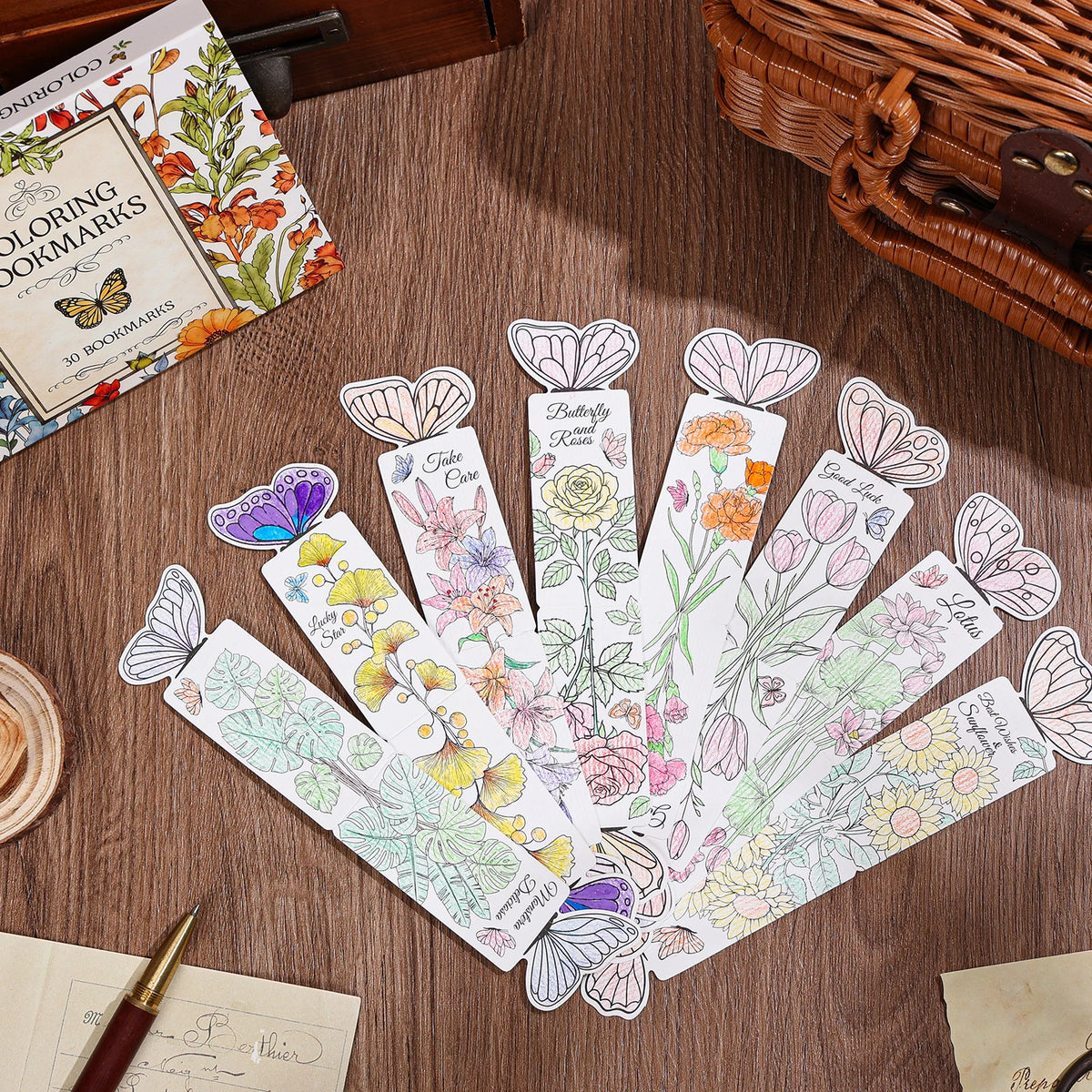 30Pcs Floral Coloring Paper Bookmarks, Foldable Butterfly Shape Coloring Book Markers, Gifts for Adults Students Reading Lover
