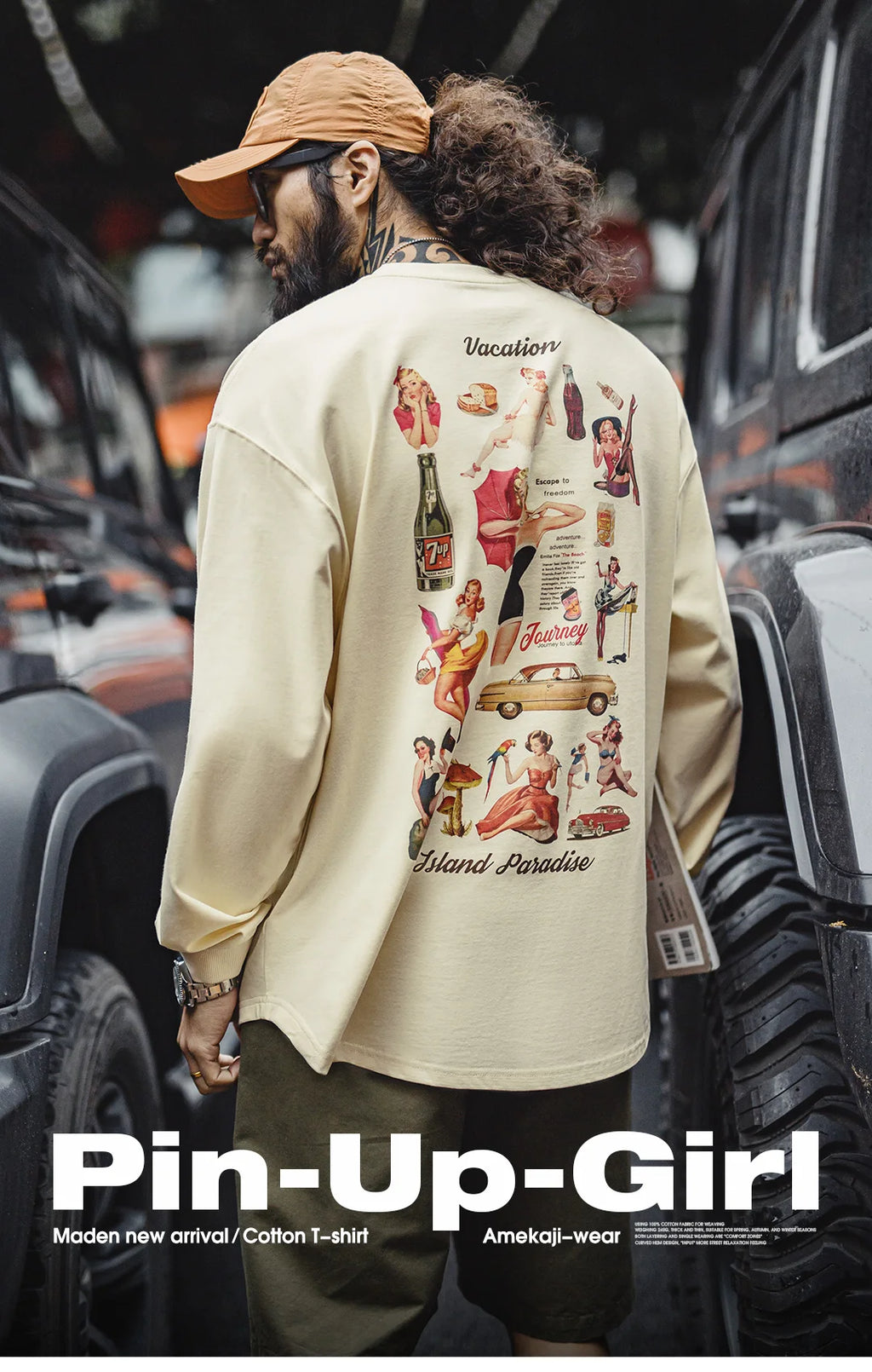 Maden Vintage Back-Printed Long-Sleeve T-Shirt Loose Casual Round-Neck Pullover for Men's Spring and Fall 60's Street-Style Tops