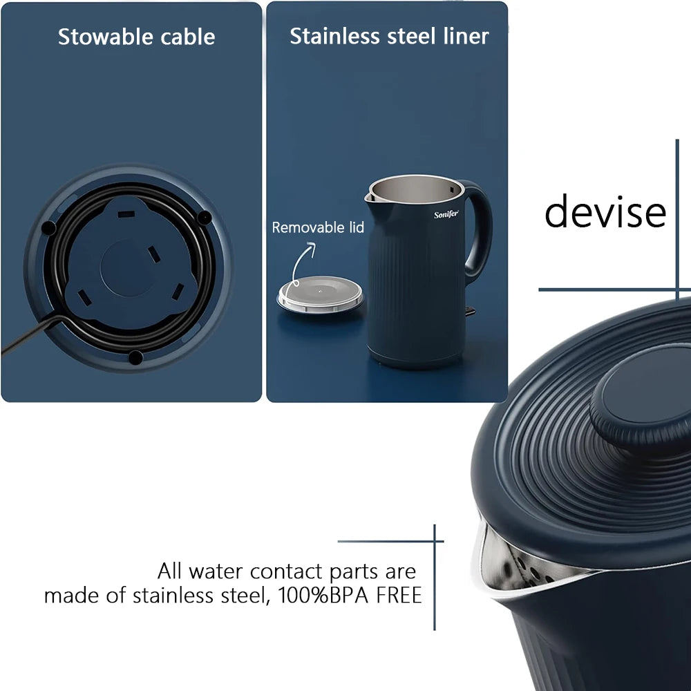 304 Stainless Steel Electric Kettle Household Double Wall Design 1.7L 1500W Cordless Frosted Housing