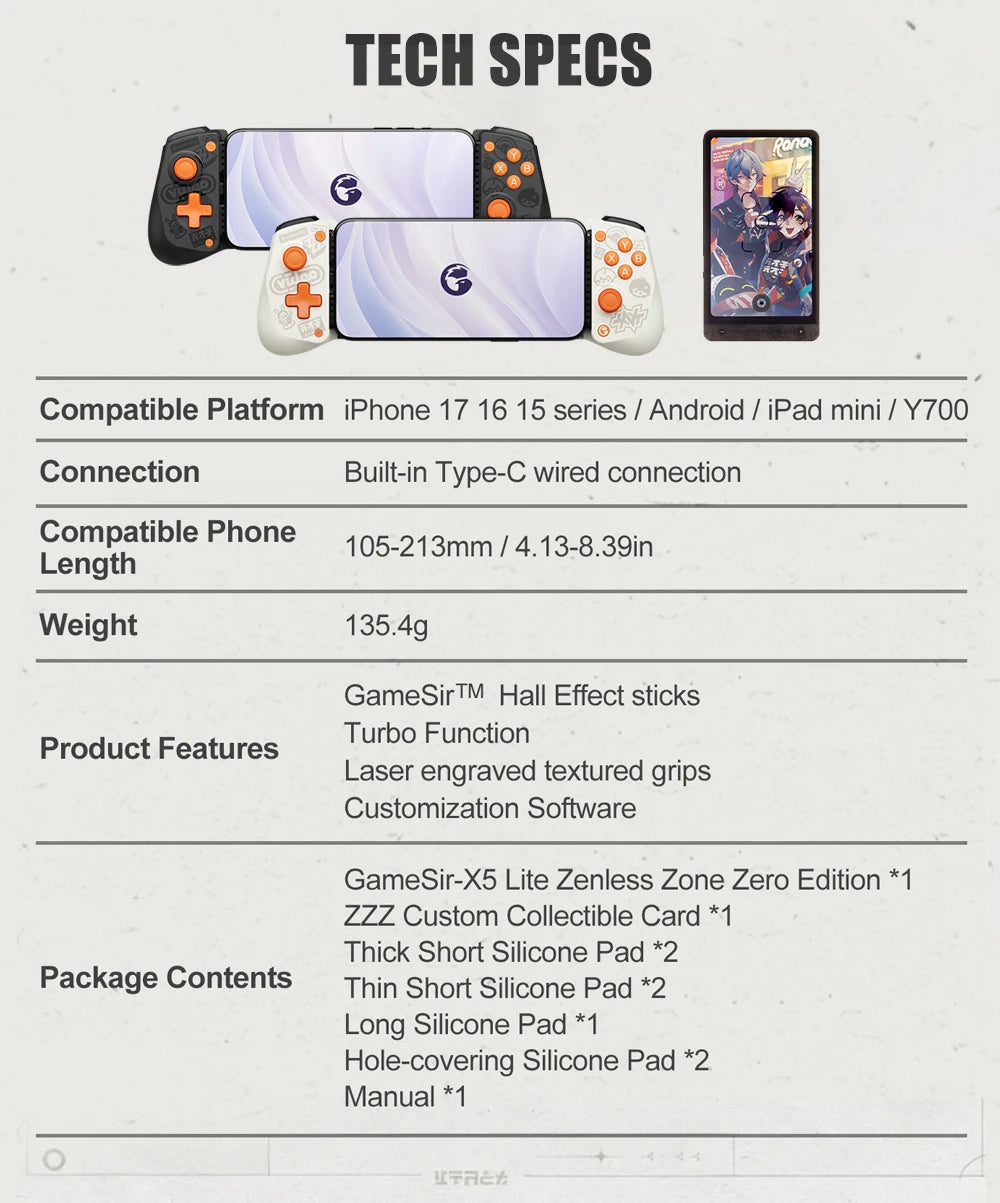 Comando para Telemóvel GameSir X5 Lite Zenless Zone Zero Edition para iPhone 17 16 15, Android, iPad Mini e Tablet Y700