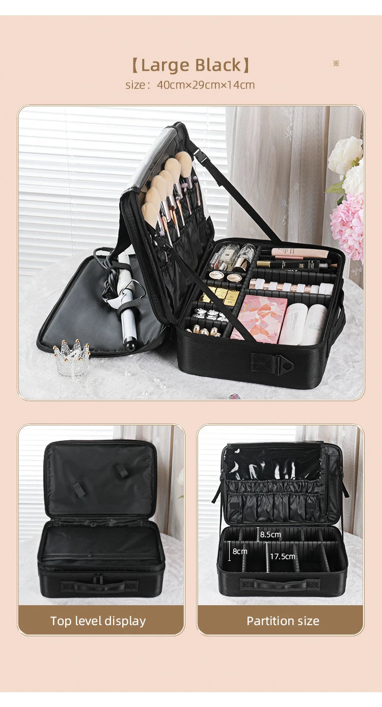 Travel Makeup Bag Makeup Train Cases Professional Lipstick Organizer with Shoulder Strap Adjustable Dividers for Cosmetics Makeu