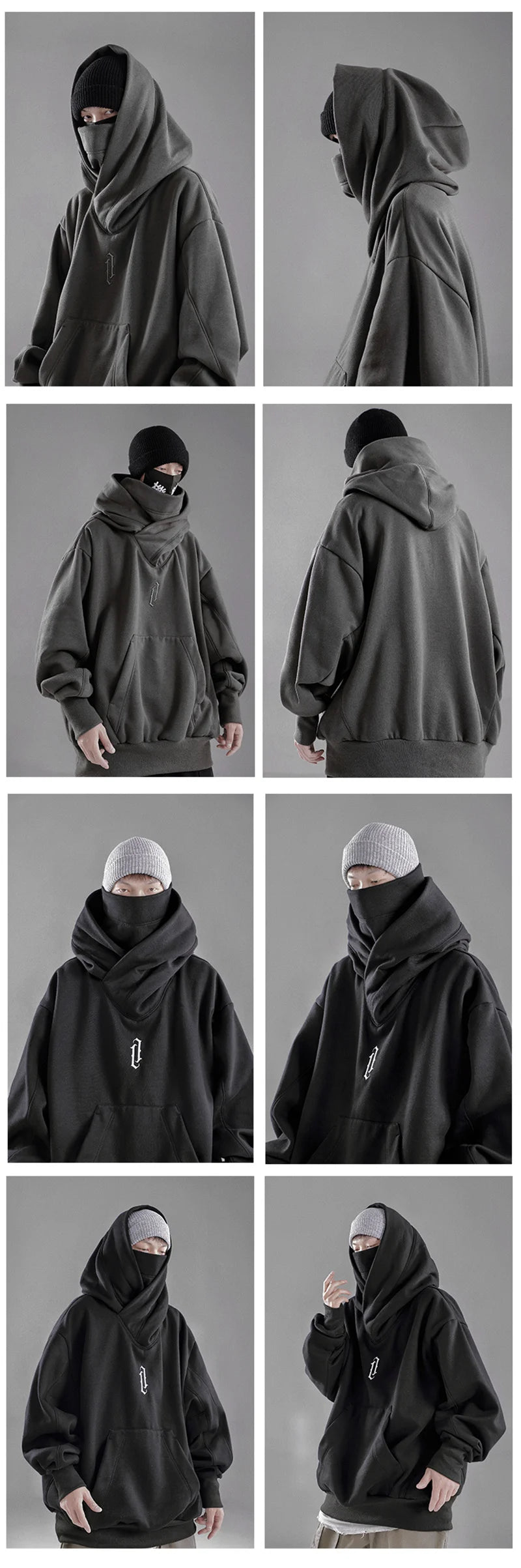 Embroidery Turtleneck Sweatshirt For Men Japanese Ninja Hoodies Autumn Hip Hop Fleece Pocket Streetwear Oversized Y2K Hoody