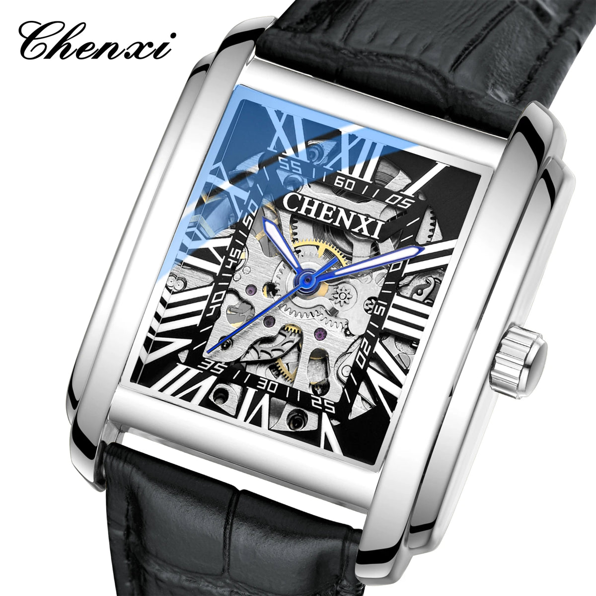 Square Skeleton Mechanical Watches for Man Luxury Business Casual Man Automatic Watch Leather Strap Gift Hand Clock for Men
