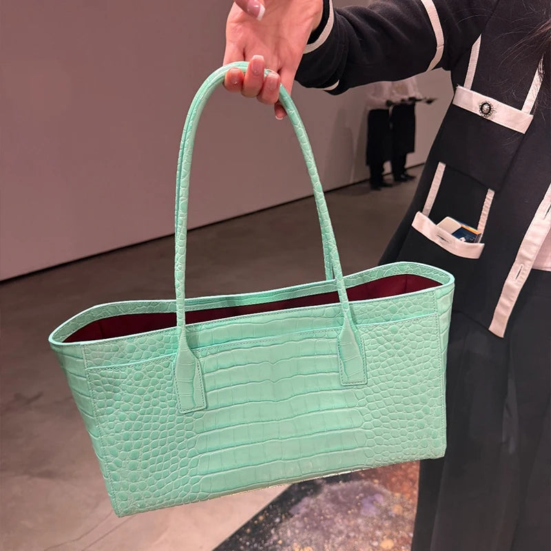 Luxury Crocodile Print Vintage Green Handbag, Large Capacity Magnetic Buckle Clutch, Casual Elegant Commuter Purse For Women Bag
