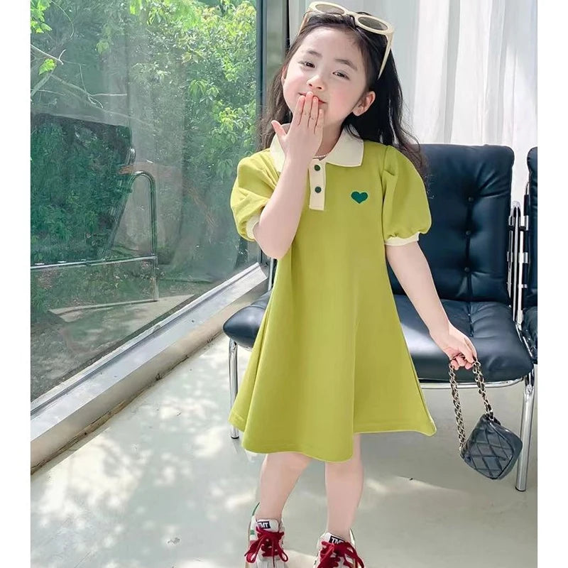 New Casual Teenagers Girls Dress Summer Princess Cartoon Heart Lapel Dresses For 2-12 Years Girl Children Birthday Present