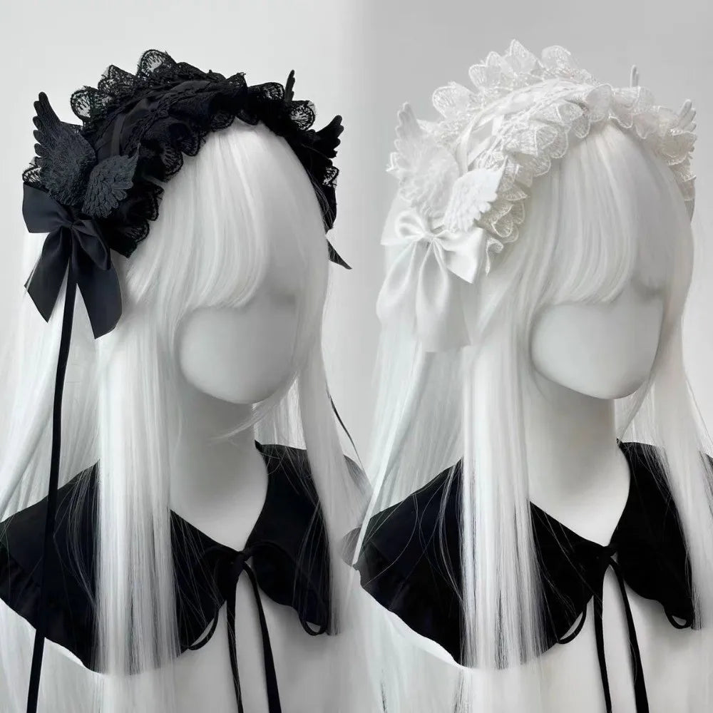 New Lace Lolita Wing Angel Headband Ribbon Bowknot Gothic Hair Band Sweet Cosplay Headdress Headwear