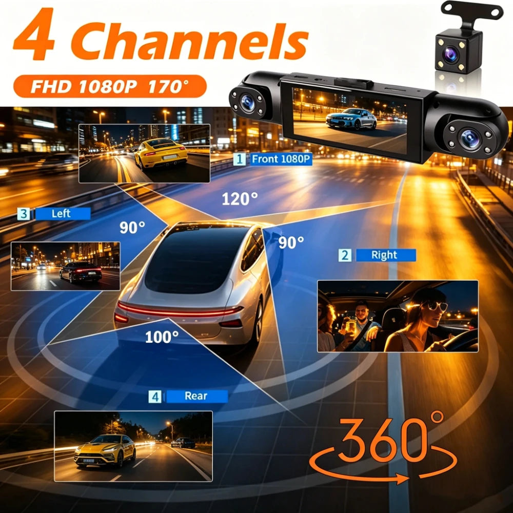 4 Channel Dash Cam 360° Car Video Recorder Black Box with Night Vision 24/7 Parking Monitor G-Sensor Loop Recording Auto Parts