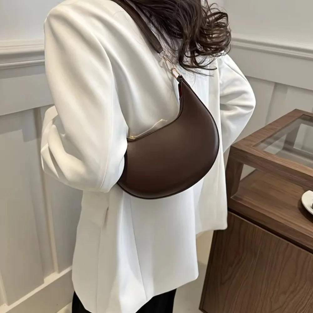 Casual PU Leather Shoulder Bag Moon-shaped Large Capacity Underarm Bag Solid Color Tote Handbag Women's Handbags