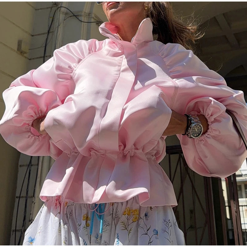 Shiny Fabric Jacket High Stand Collar Oversized Puff Sleeve Drawstring Cropped Hem 2026 Autumn Fashion Daily Lady Sweet Jacket