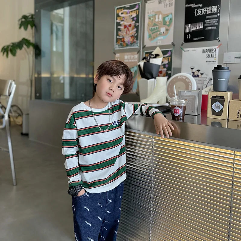 2025 autumn Children Clothes Girls Long Sleeves Bottoming Shirts Cool Boys Stripe Cotton T-shirt Teen Loose Casual 2-7y Kids Top