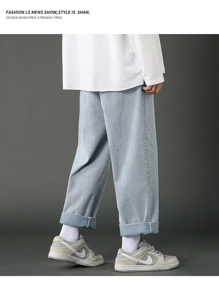 New Street Casual Baggy Jeans Men's Korean Fashion Hip Hop Straight Wide Leg  Trousers Couple Denim Pants Black Light Blue