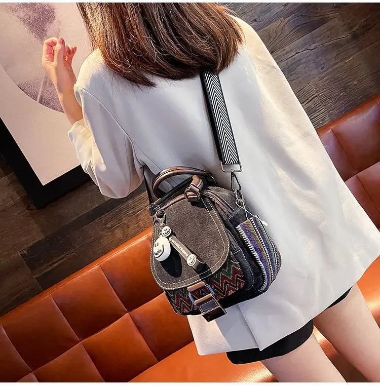 Denim Small Backpack  New Contrast Color Women Bag Retro Ethnic Style Embroidered Multifunctional Bagpack Crossbody Bolsa