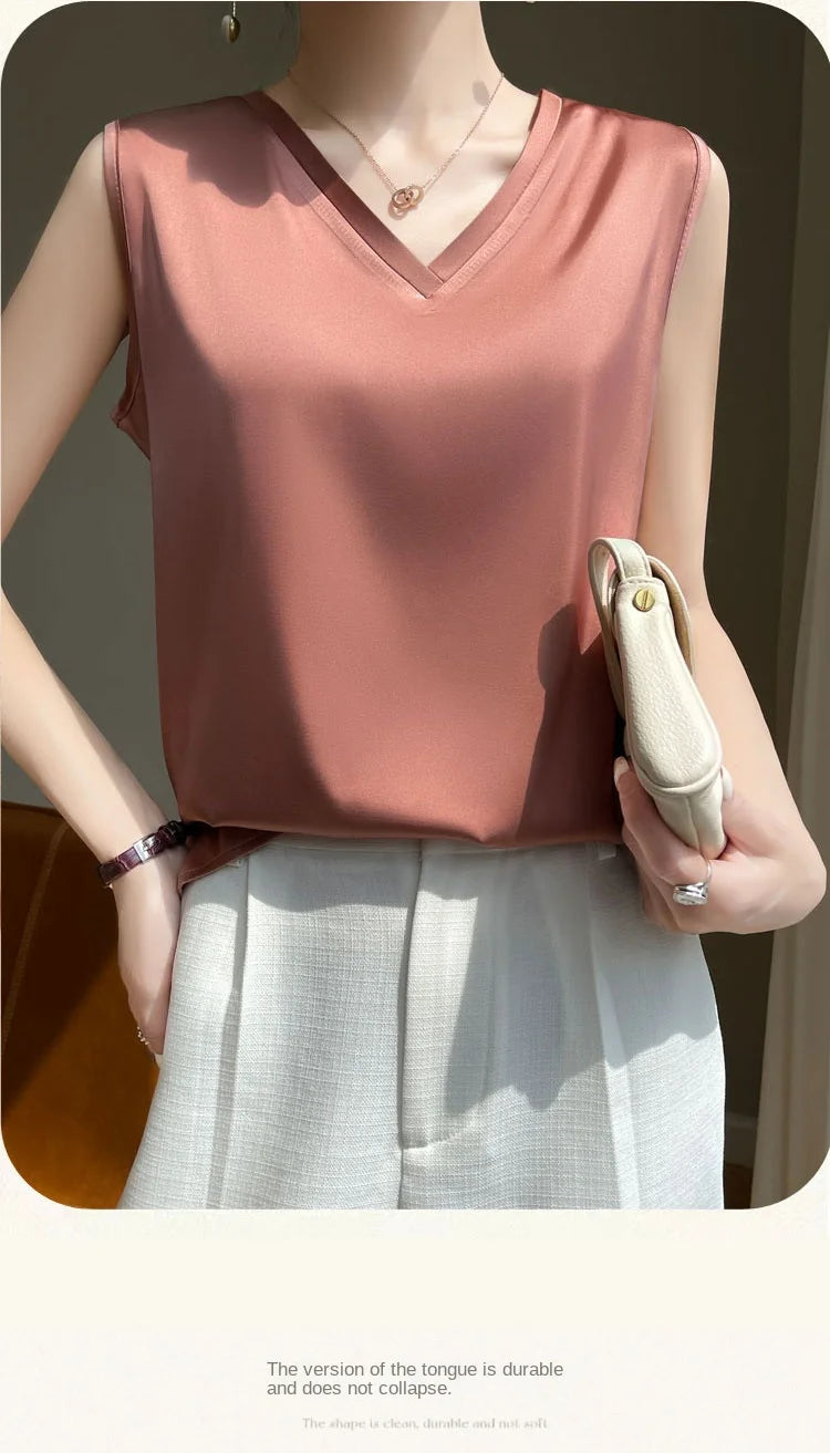 V-Neck Silk Vest Women's Summer Short Sleeved Top Acetate Satin Sleeveless Summer Shirt T-Shirt Loose Suspender Base YTM A39
