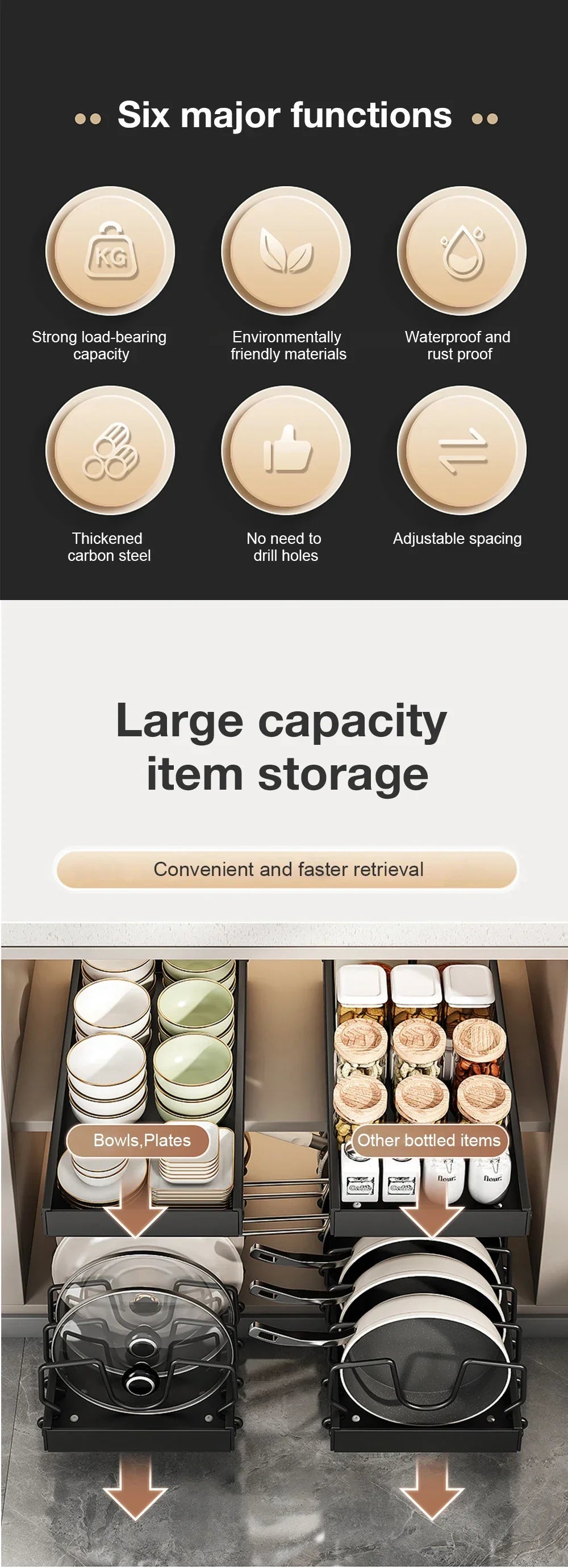 Pull‑out Sliding Kitchen Storage Rack Multifunctional Drawer Organizer for Pan Lids Spices Bowls Plates Cookware Storage