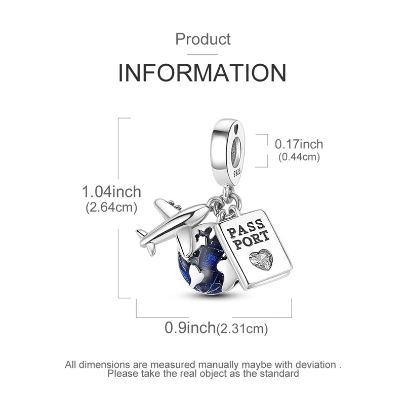 MULA Hot Sale 925 Silver Plane Passport Travel Charm Fit Original Snake Chain Bracelet DIY Jewelry Gift For Women