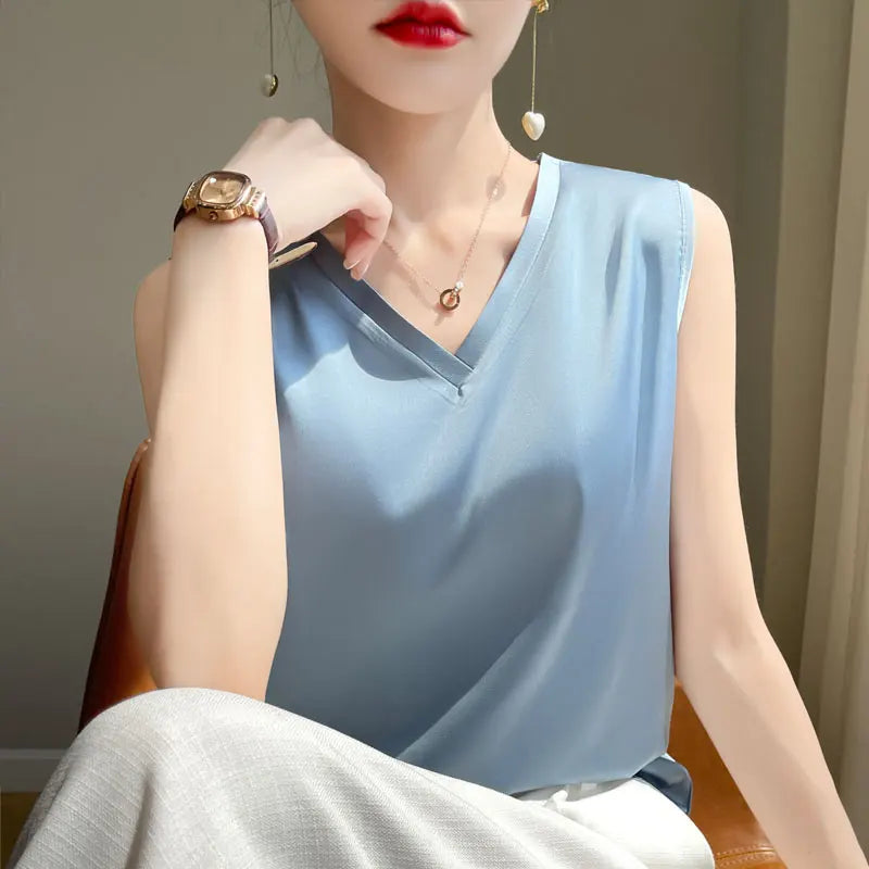 V-Neck Silk Vest Women's Summer Short Sleeved Top Acetate Satin Sleeveless Summer Shirt T-Shirt Loose Suspender Base YTM A39