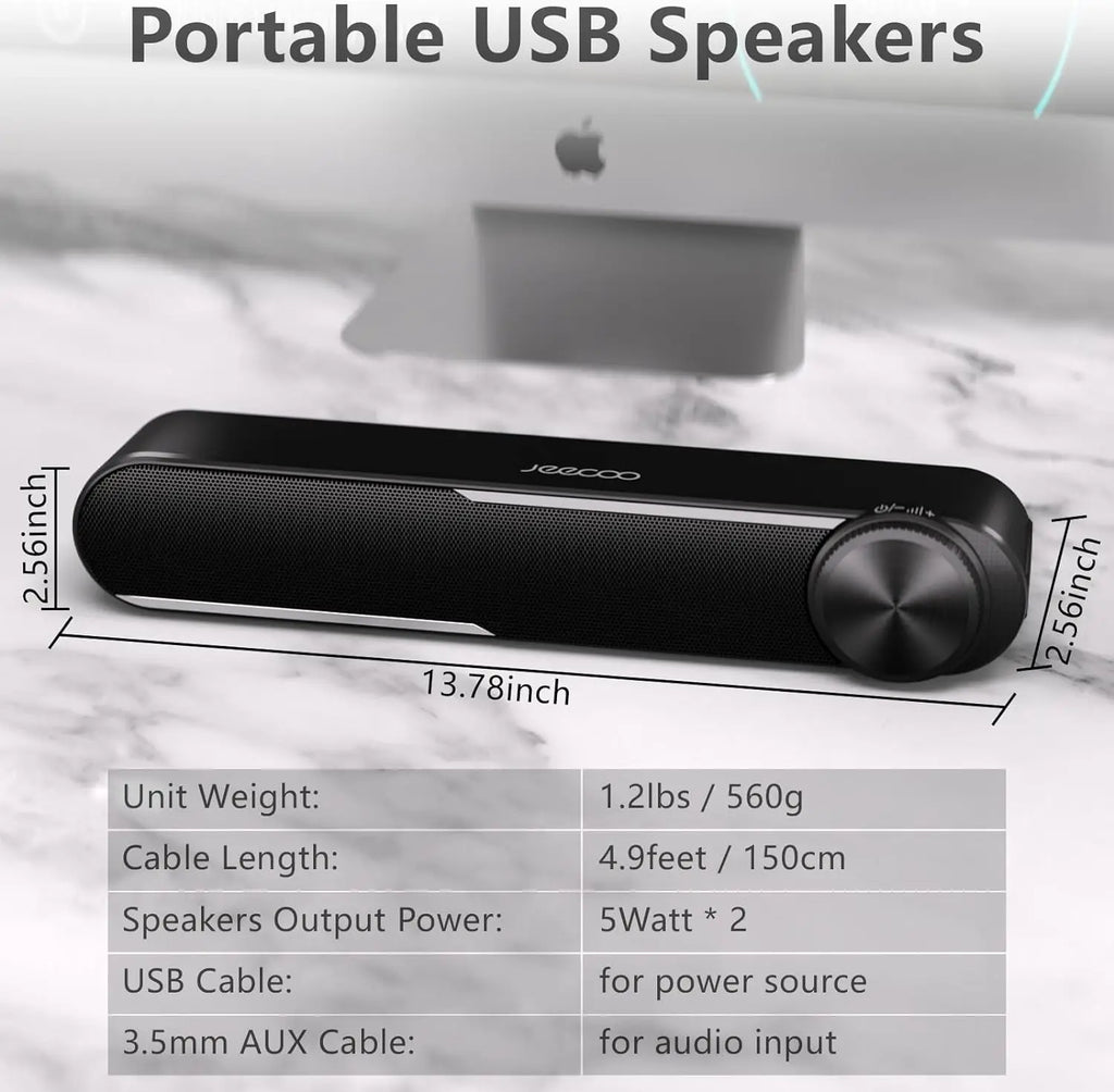 Jeecoo A30 Wired Computer Speakers PC Soundbar for Monitor USB-Powered w/3.5mm AUX,Big Volume Control - Laptop Tablet Compatible