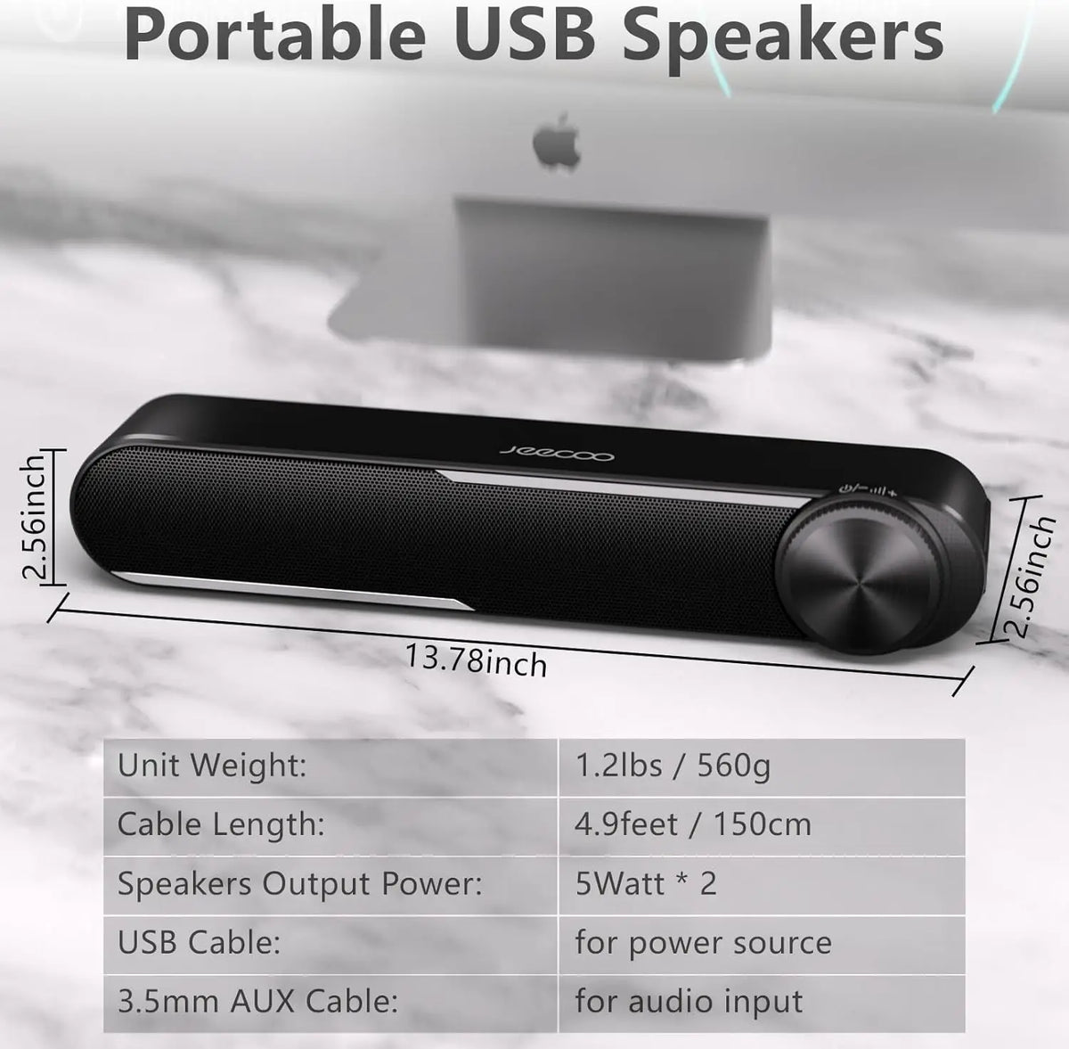 Jeecoo A30 Wired Computer Speakers PC Soundbar for Monitor USB-Powered w/3.5mm AUX,Big Volume Control - Laptop Tablet Compatible