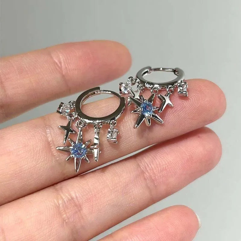 New Y2K Blue Zircon Star Tassel Pendant Earrings For Women Men Silver Color Ear Buckle Jewelry Gift Accessories Wholesale Sales
