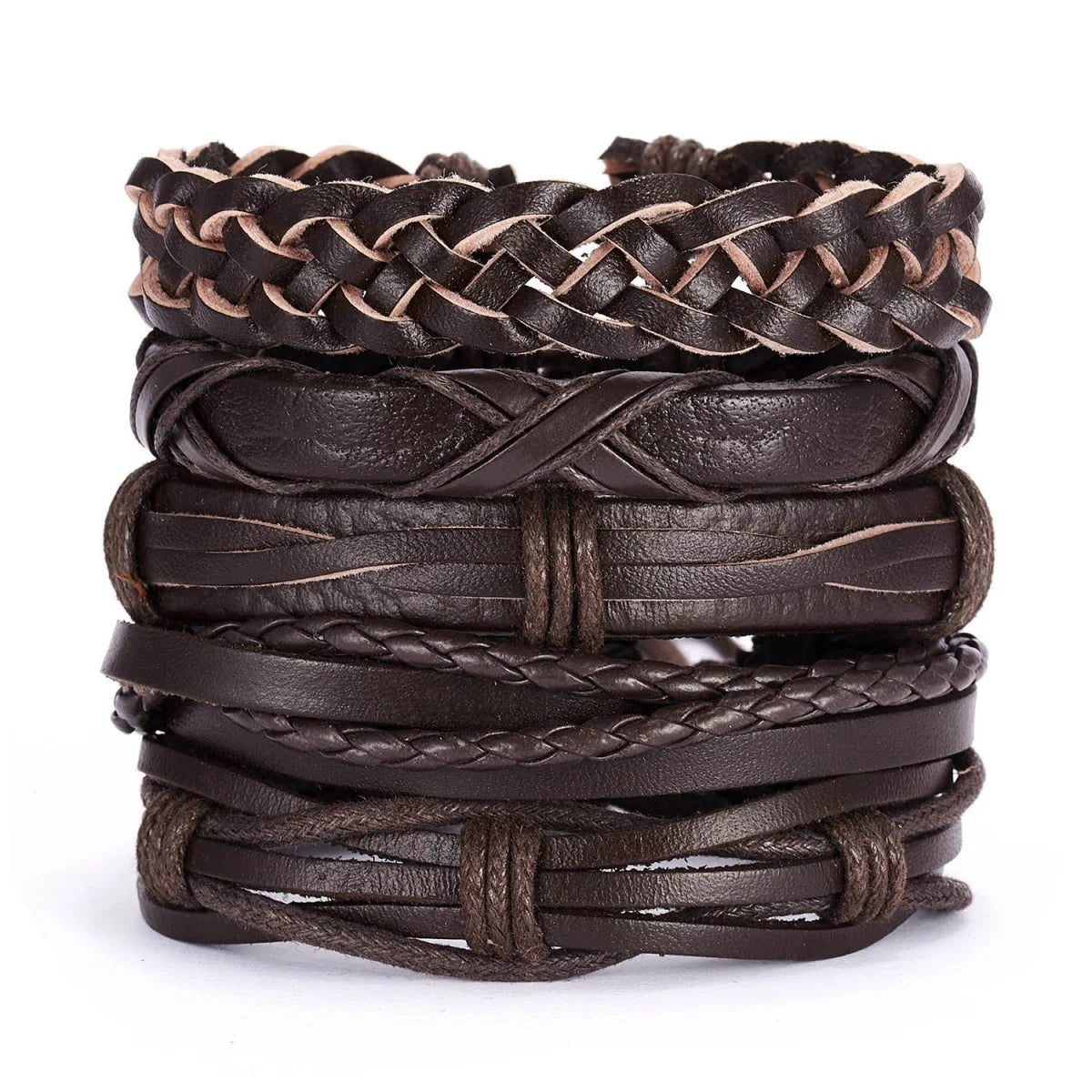 5Pcs/Set Minimalist Multilayer Brown Leather Bracelets For Men Women Vintage Punk Handmade Woven Twist Bangles Charm Jewelry