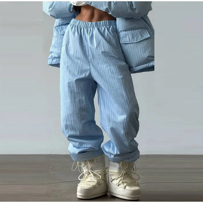 Chic Striped Hooded Puffer Coat Set Women Quilted Full Sleeve Zip Jacket Wide Leg Pants 2026 New Lady Autumn Winter Warm Outfit