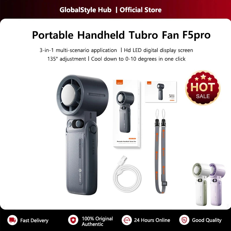 Portable Handheld Turbo Fan 199Gear Strong Wind Speed LED Digital Display 135°Foldable Outdoor 3-in-1 Handheld Fan 6000mAh F5PRO