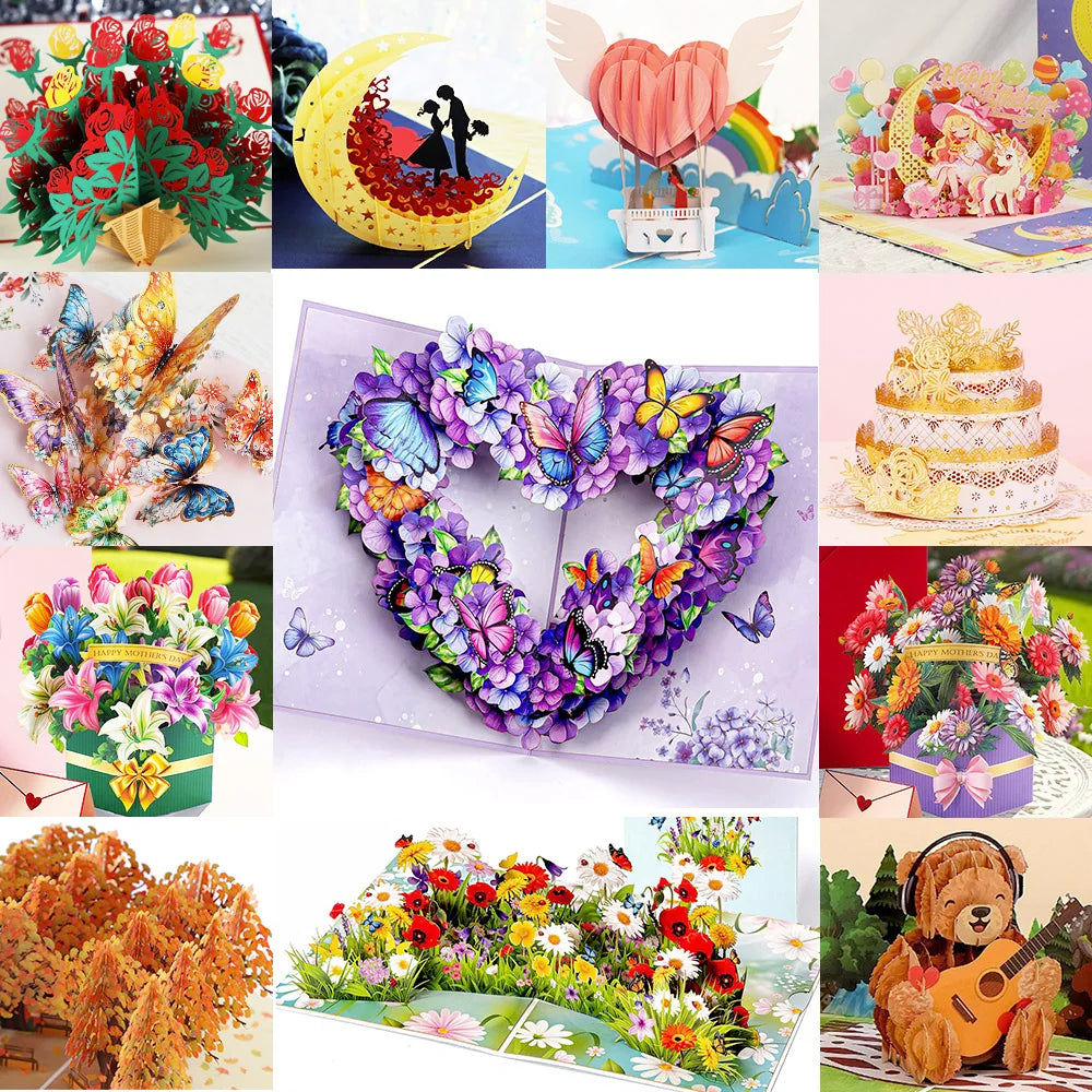 3D Pop Up Greeting Card Romantic Love Flowers Butterfly Bouquet Handmade Surprise Card Anniversary Birthday Valentine's Day Gift