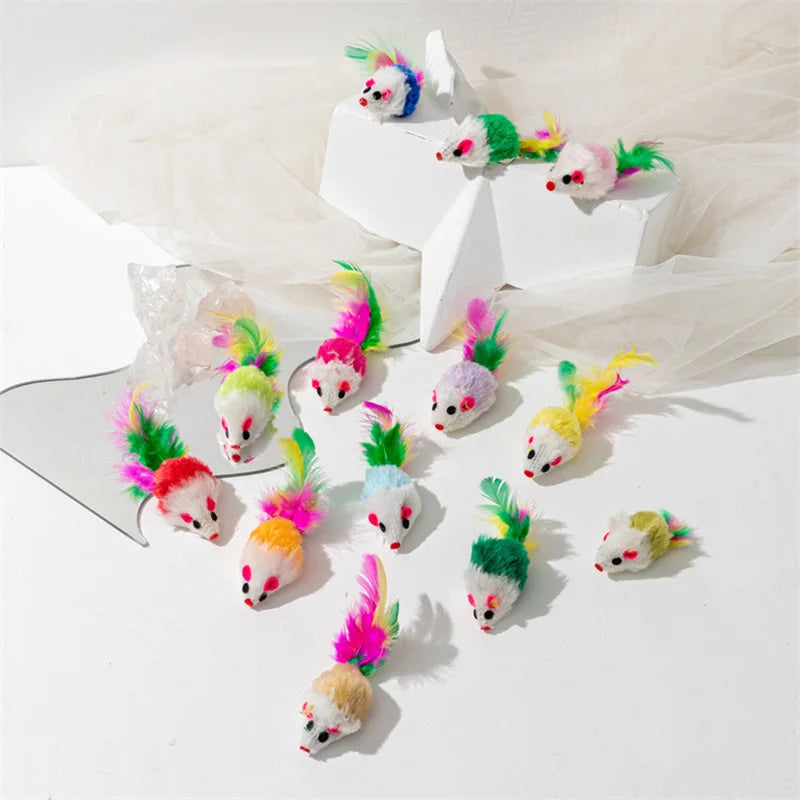 5Pcs 10Pcs Plush Pet Cat Toys Play Rabbit Fur False Mouse Feather Rainbow Mouse Toy  Funny Playing Toys for Kitten Indoor New