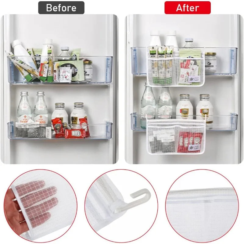 1PC Refrigerator Hanging Mesh Bag Double Compartment Storage Bag Fridge Side Door Organizer for Sauce Packet Kitchen Storage