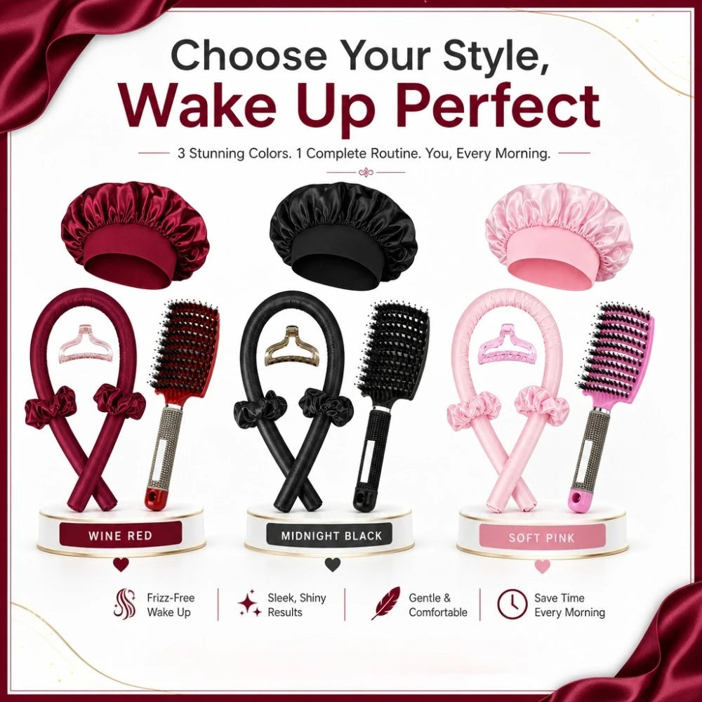 6Pcs No-Heat Hair Curling and Comb Set Satin Bonnet Cushion Hair Brush Overnight Wave Maker Hair Care Kit Styling accessories