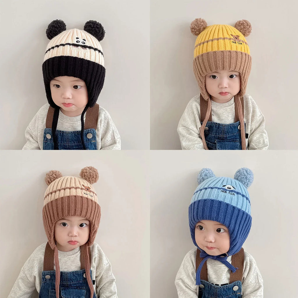 Winter Warm Knitted Baby Hat Cute Cartoon Animals Baby Boys Girls Cap Beanies Anti-cold Toddler Kids Lacing Hat