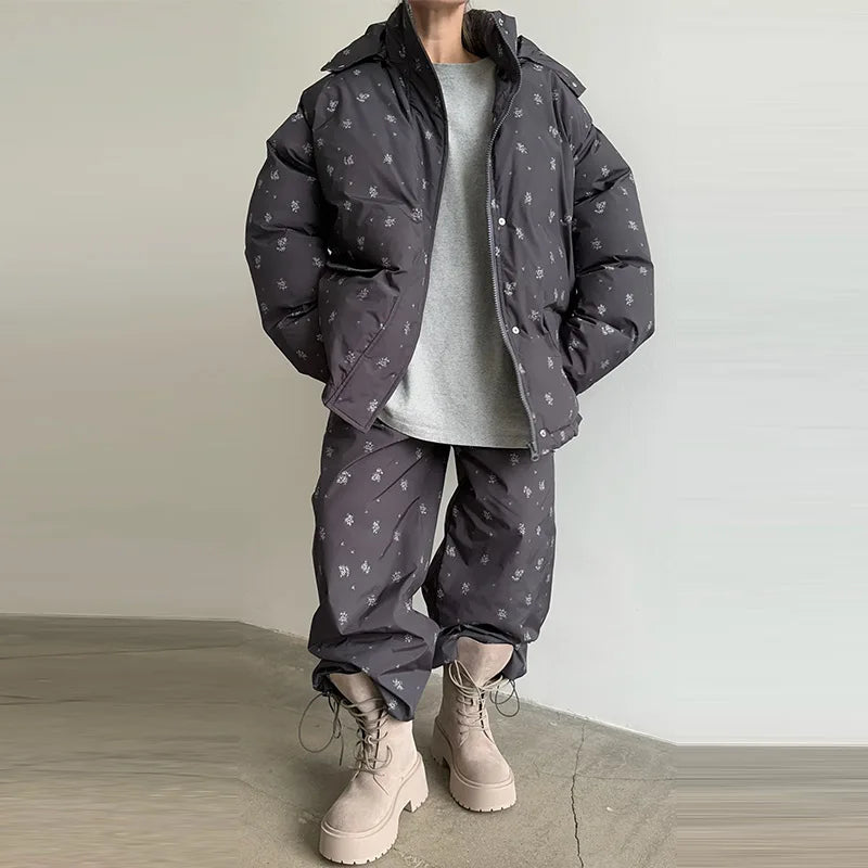 Chic Striped Hooded Puffer Coat Set Women Quilted Full Sleeve Zip Jacket Wide Leg Pants 2026 New Lady Autumn Winter Warm Outfit