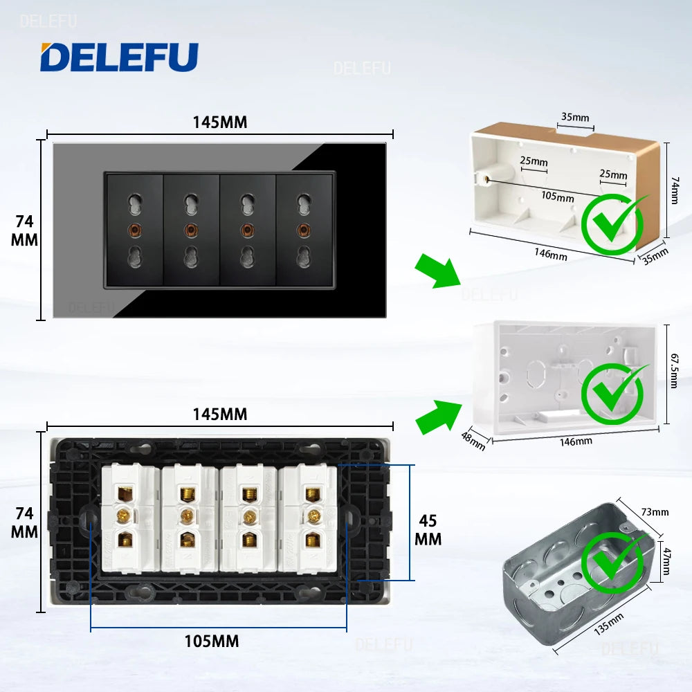 DELEFU Glass SC70 Panel 145mm Black Italian Standard USB C-type Fast Charging Wall Socket Switch TV Telephone CAT5 CAT6
